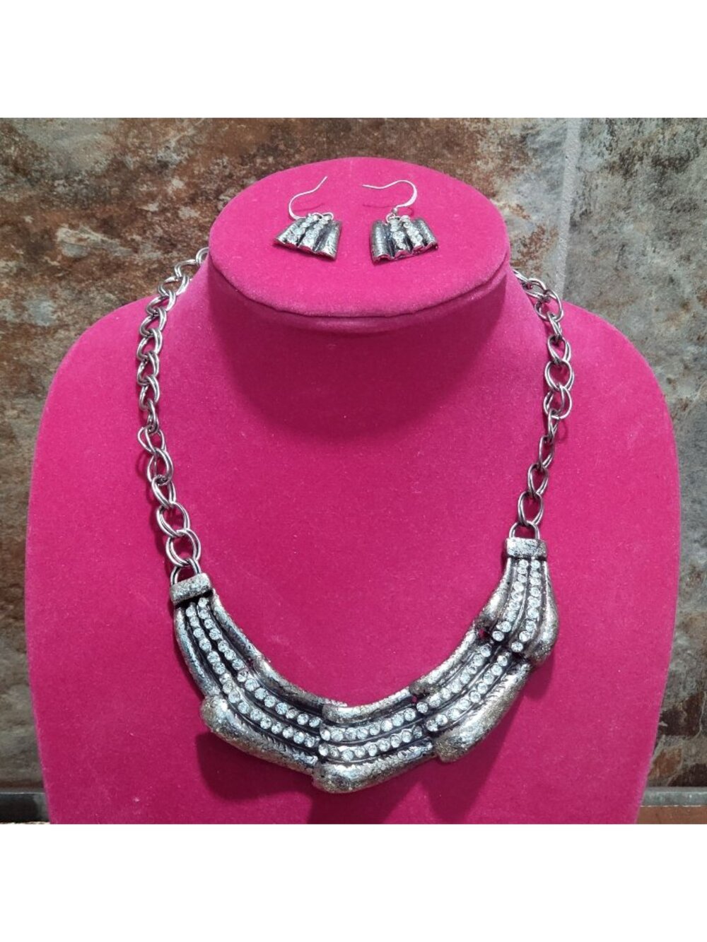 Silver Tone Bib Textured Segmented Rhinestone Necklace Dangle Earrings